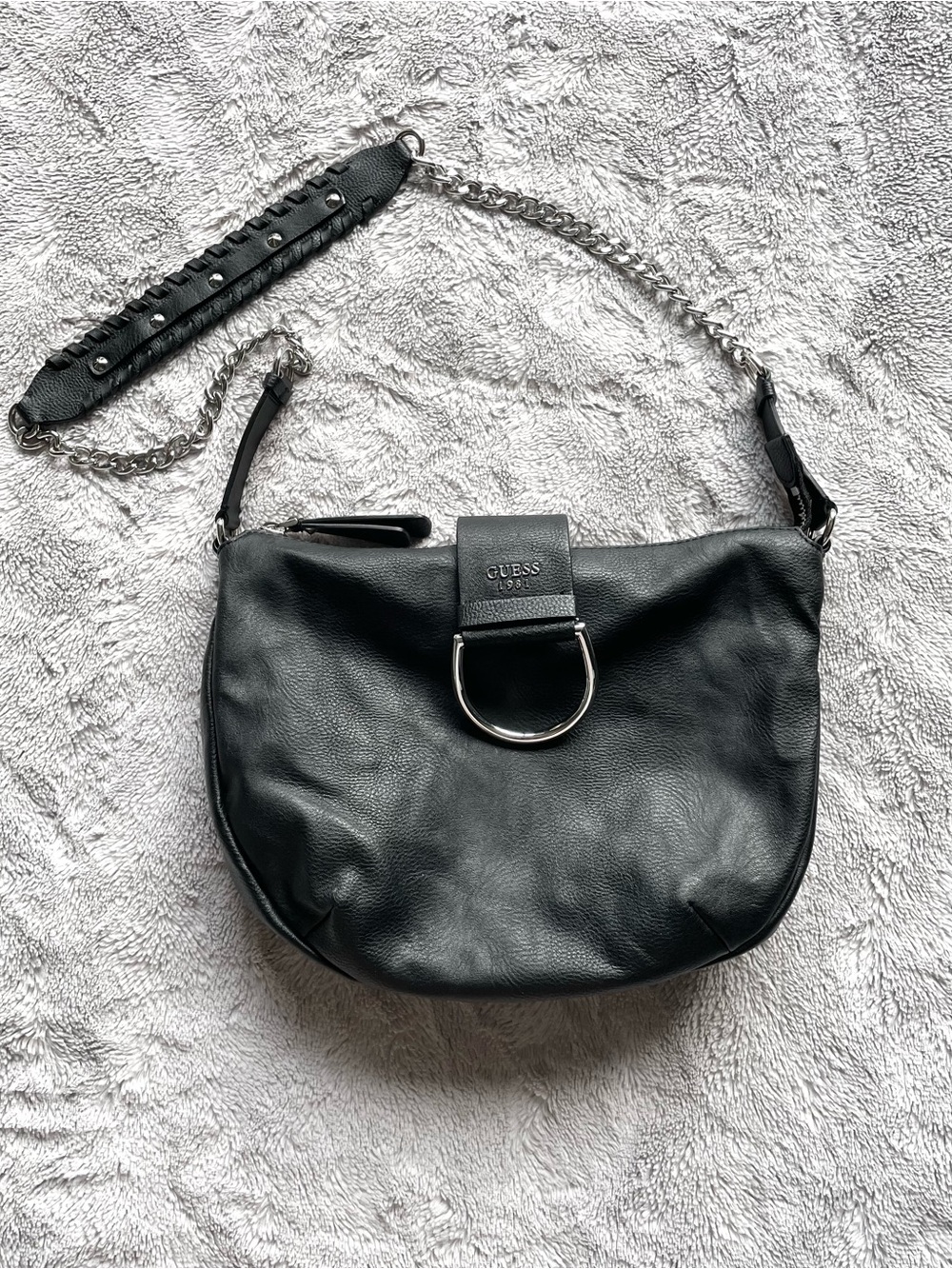 GUESS Y2K Punk Black Studded Shoulder Bag with Silver Chain